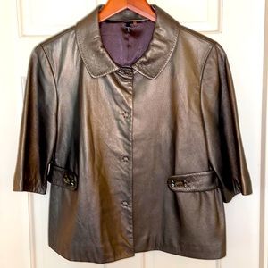 Tahari Gun Metal Gray Leather Elbow Sleeve Waist Jacket